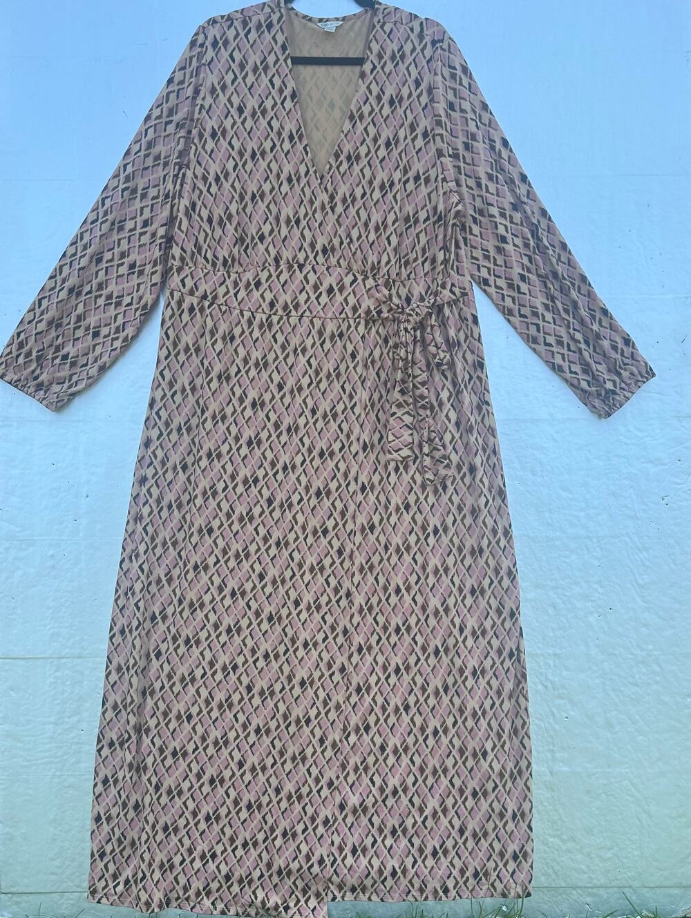 Cato 22/24W Pink Beige Geometric Wrap Maxi Dress Tie Waist